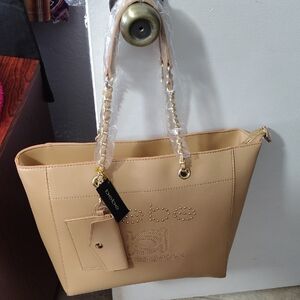 Brand New Bebe Beige Tote Bag with Chain-Detail Handles